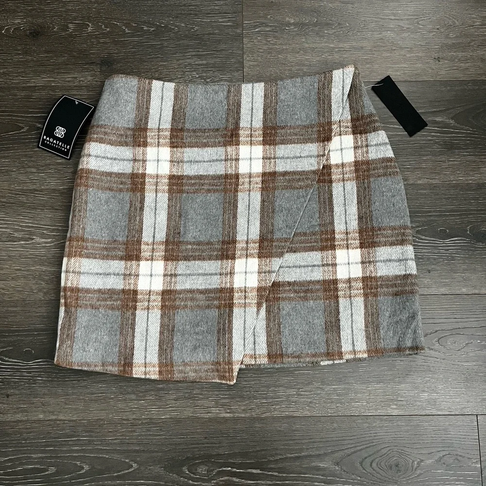 Bagatelle Skirt Womens Large Gray Brown Plaid Faux Wrap Mini Y2K‎ Preppy NWT 90s